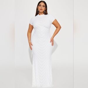 FAHION NOVA Elegant White Beaded Maxi Dress - Classic Evening Gown